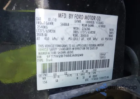 2011 Ford F-250 Lariat from USA, damaged, VIN 1FT7W2BT6BEA00249